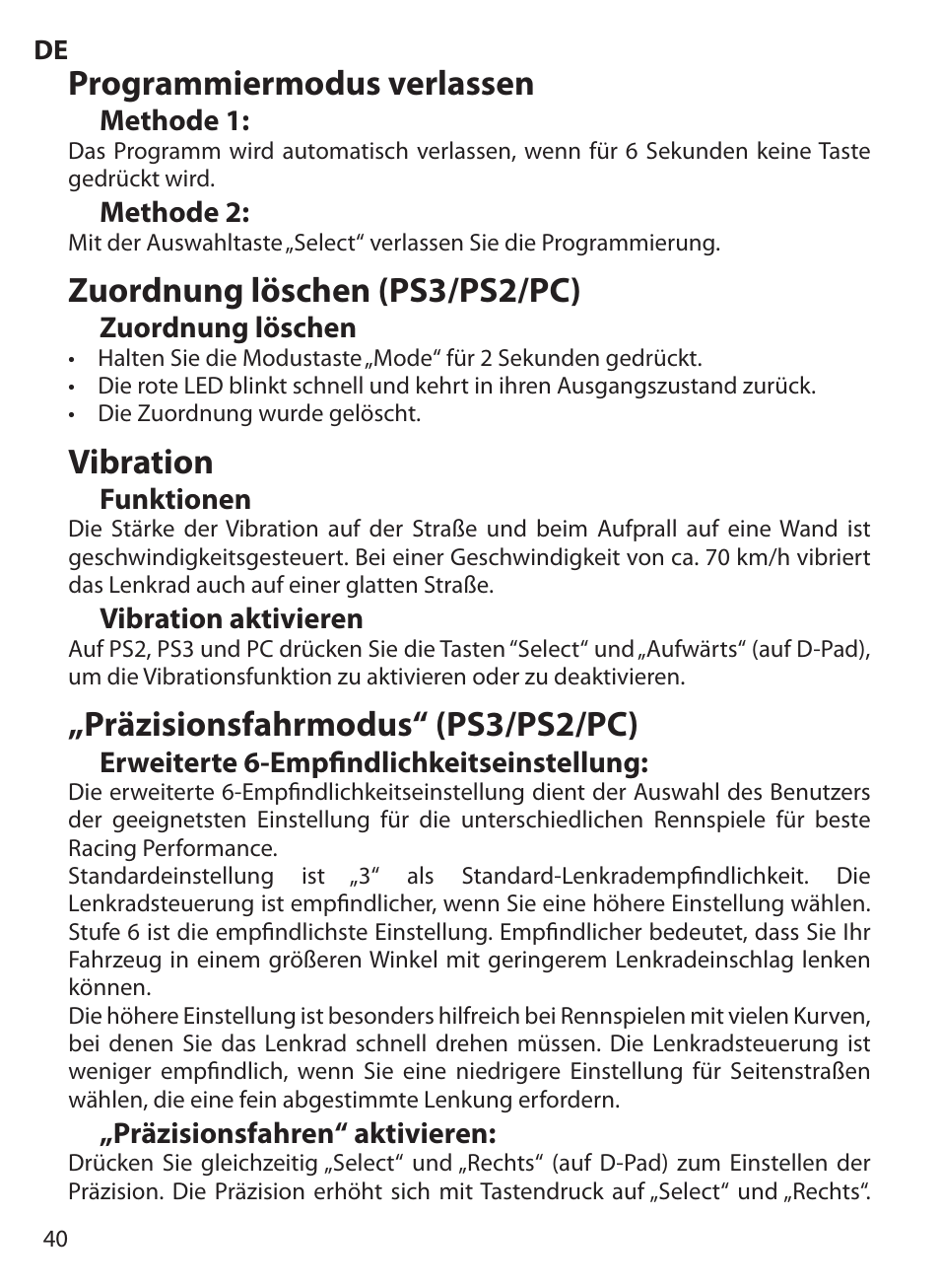 Programmiermodus verlassen, Zuordnung löschen (ps3/ps2/pc), Vibration | Präzisionsfahrmodus“ (ps3/ps2/pc) | Acme Extreme Rally wheel User Manual | Page 40 / 84