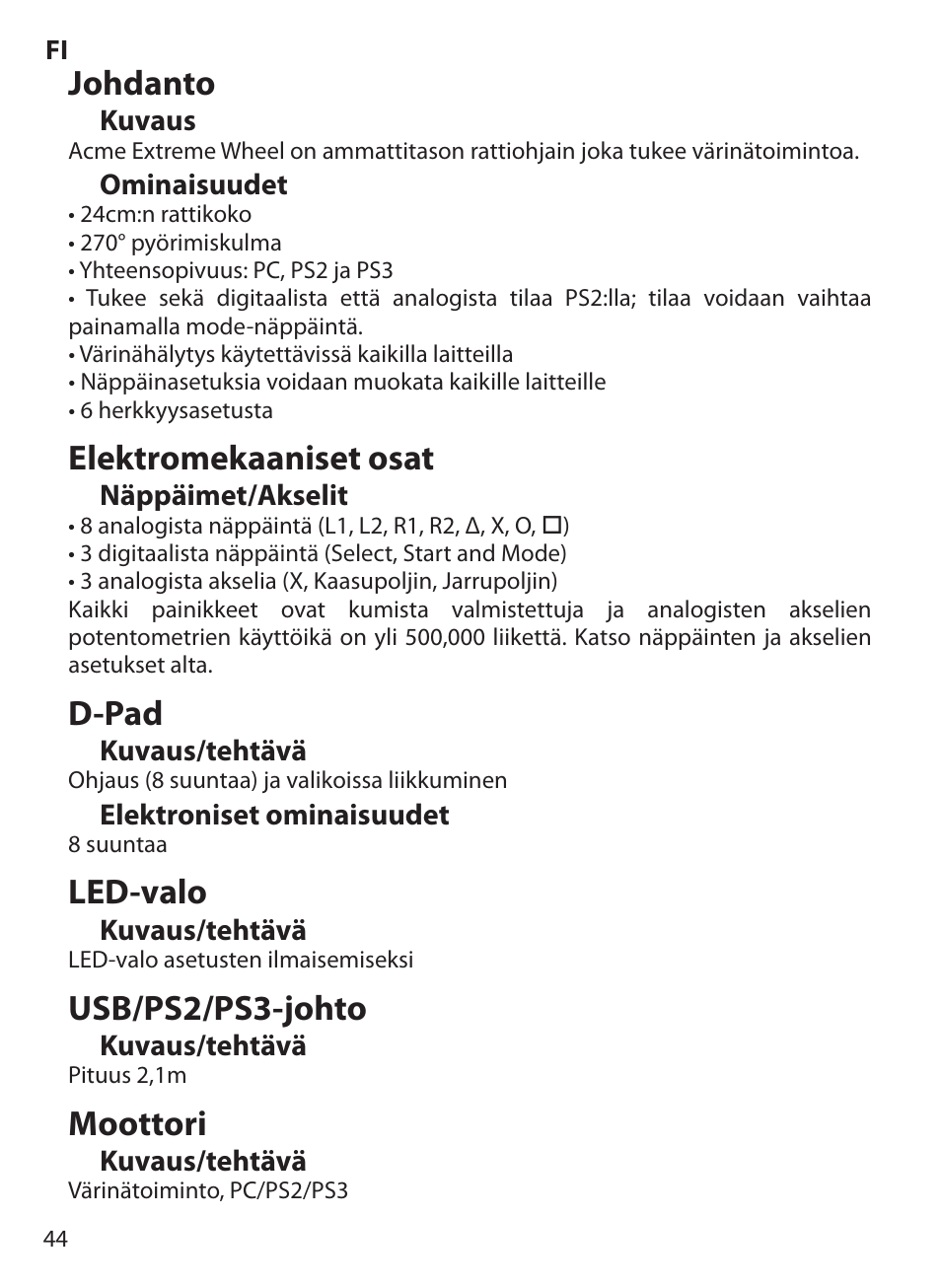 Johdanto, Elektromekaaniset osat, D-pad | Led-valo, Usb/ps2/ps3-johto, Moottori | Acme Extreme Rally wheel User Manual | Page 44 / 84