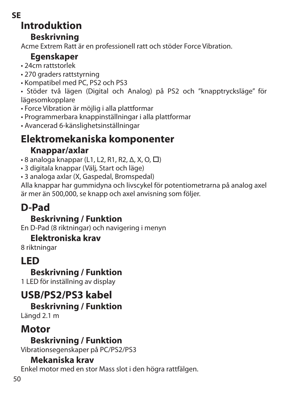 Introduktion, Elektromekaniska komponenter, D-pad | Usb/ps2/ps3 kabel, Motor | Acme Extreme Rally wheel User Manual | Page 50 / 84