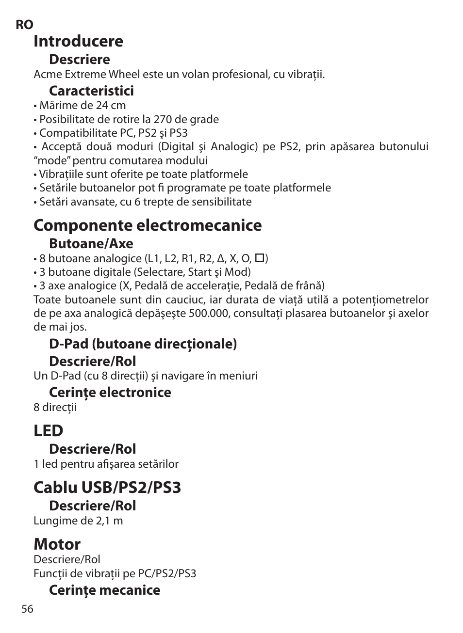 Introducere, Componente electromecanice, Cablu usb/ps2/ps3 | Motor | Acme Extreme Rally wheel User Manual | Page 56 / 84