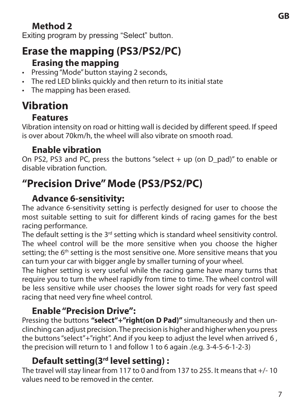 Erase the mapping (ps3/ps2/pc), Vibration, Precision drive” mode (ps3/ps2/pc) | Acme Extreme Rally wheel User Manual | Page 7 / 84