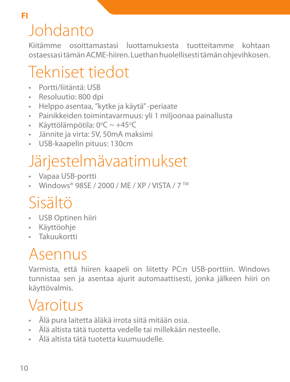 Johdanto, Tekniset tiedot, Järjestelmävaatimukset | Sisältö, Asennus, Varoitus | Acme MS04 User Manual | Page 10 / 28