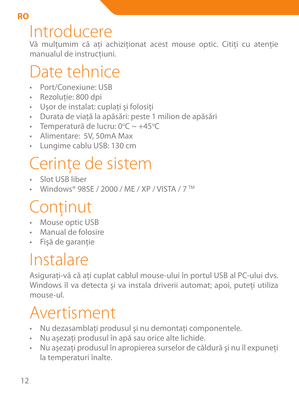 Introducere, Date tehnice, Cerinţe de sistem | Conţinut, Instalare, Avertisment | Acme MS04 User Manual | Page 12 / 28