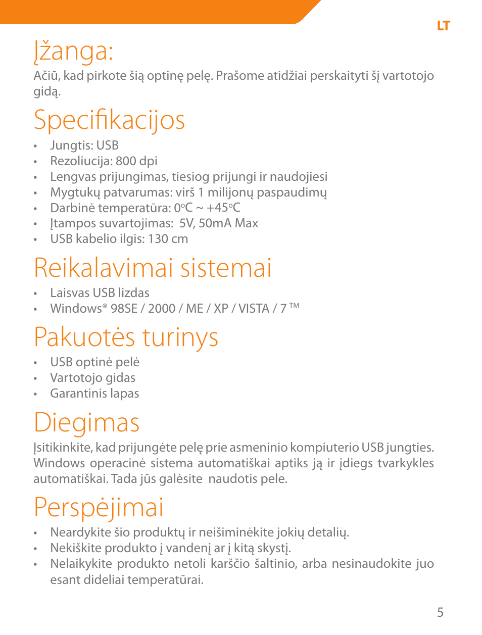 Įžanga, Specifikacijos, Reikalavimai sistemai | Pakuotės turinys, Diegimas, Perspėjimai | Acme MS04 User Manual | Page 5 / 28