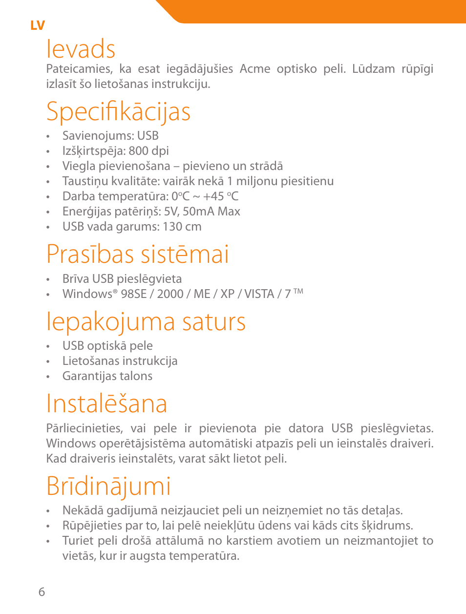 Ievads, Specifikācijas, Prasības sistēmai | Iepakojuma saturs, Instalēšana, Brīdinājumi | Acme MS04 User Manual | Page 6 / 28