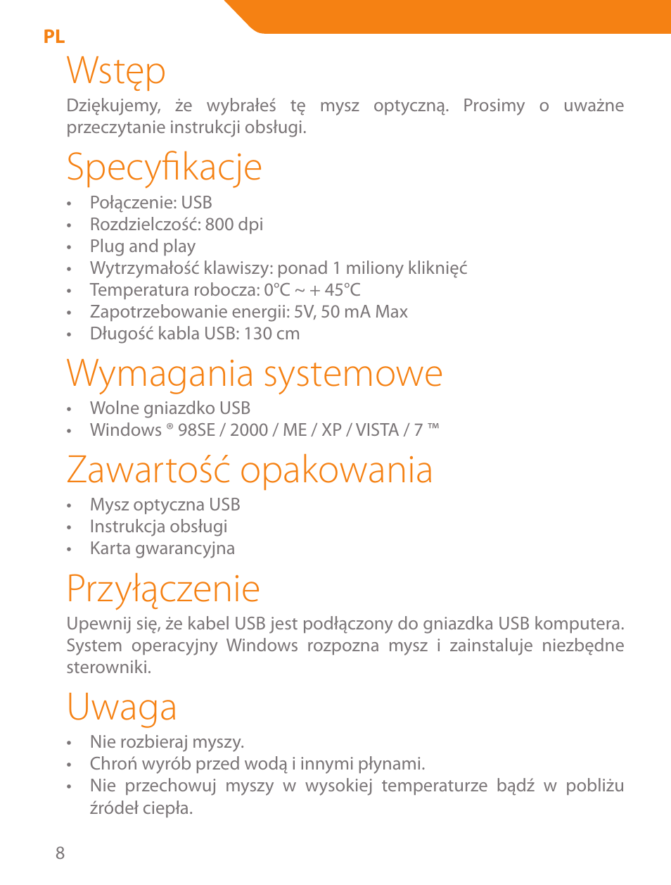 Wstęp, Specyfikacje, Wymagania systemowe | Zawartość opakowania, Przyłączenie, Uwaga | Acme MS04 User Manual | Page 8 / 28