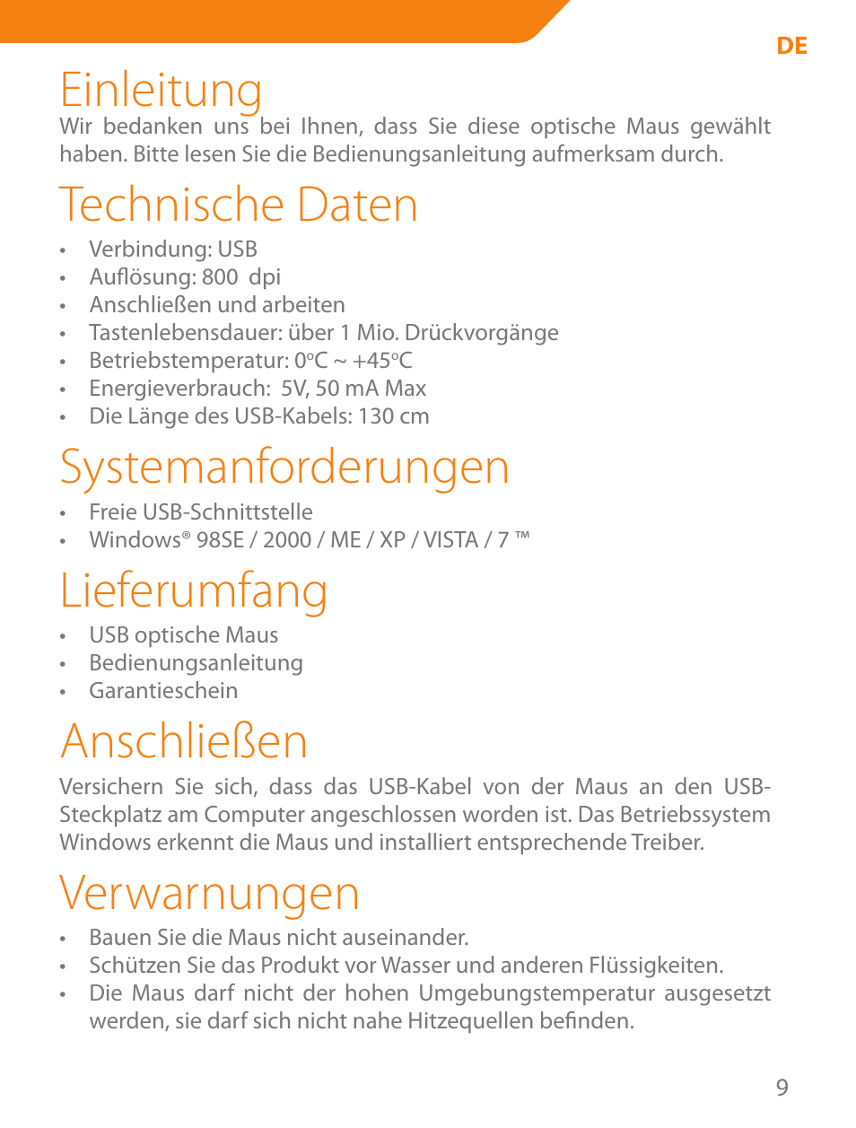 Einleitung, Technische daten, Systemanforderungen | Lieferumfang, Anschließen, Verwarnungen | Acme MS04 User Manual | Page 9 / 28