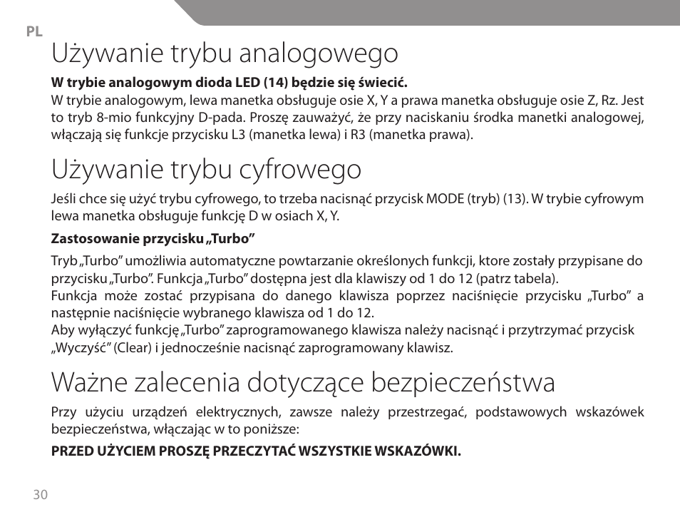 Używanie trybu analogowego, Używanie trybu cyfrowego, Ważne zalecenia dotyczące bezpieczeństwa | Acme GA06 User Manual | Page 30 / 96