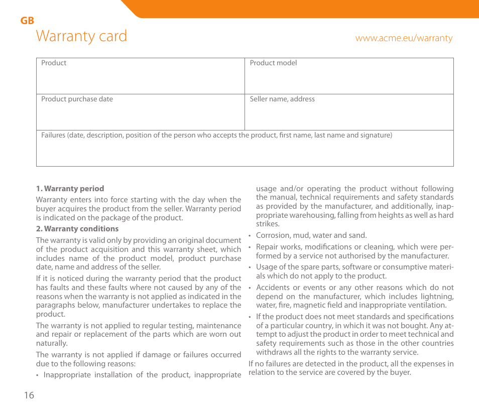 Warranty card | Acme MW05 User Manual | Page 16 / 28