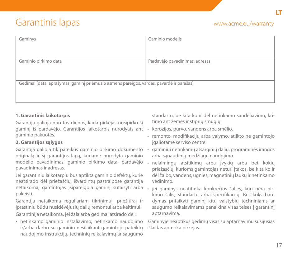 Garantinis lapas | Acme MW05 User Manual | Page 17 / 28
