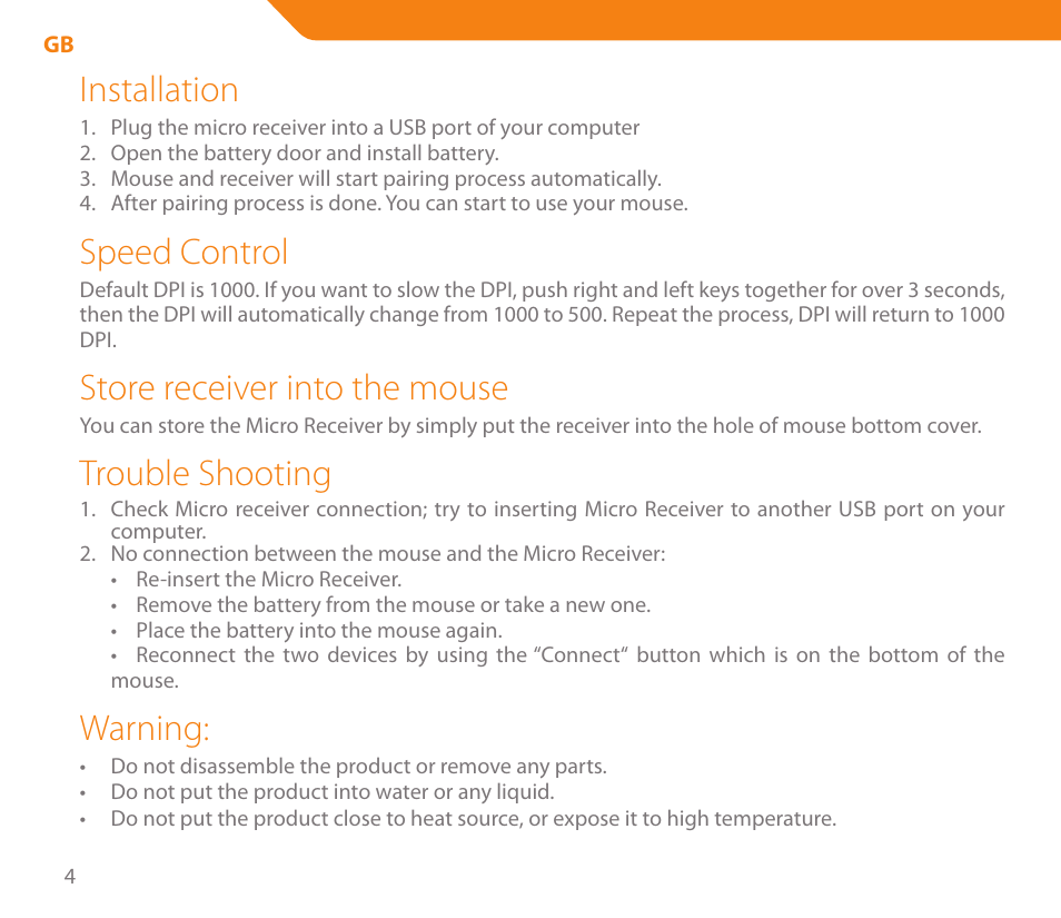 Installation, Speed control, Store receiver into the mouse | Trouble shooting, Warning | Acme MW05 User Manual | Page 4 / 28