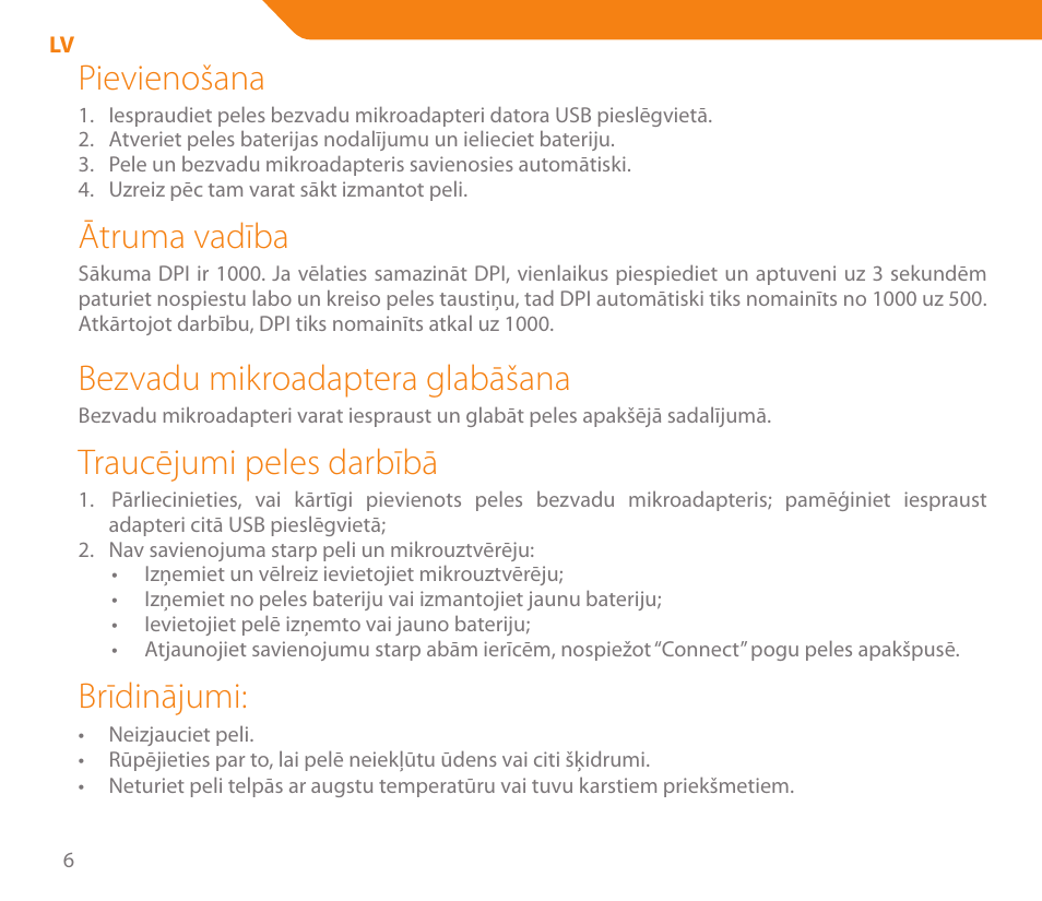 Pievienošana, Ātruma vadība, Bezvadu mikroadaptera glabāšana | Traucējumi peles darbībā, Brīdinājumi | Acme MW05 User Manual | Page 6 / 28