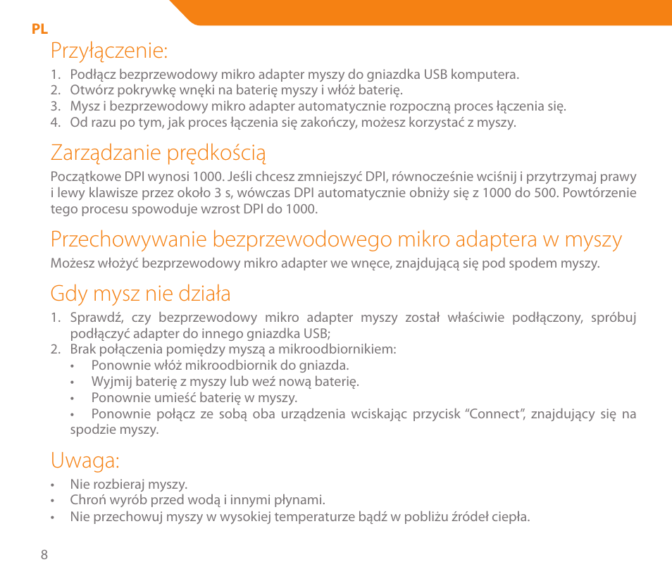 Przyłączenie, Zarządzanie prędkością, Gdy mysz nie działa | Uwaga | Acme MW05 User Manual | Page 8 / 28