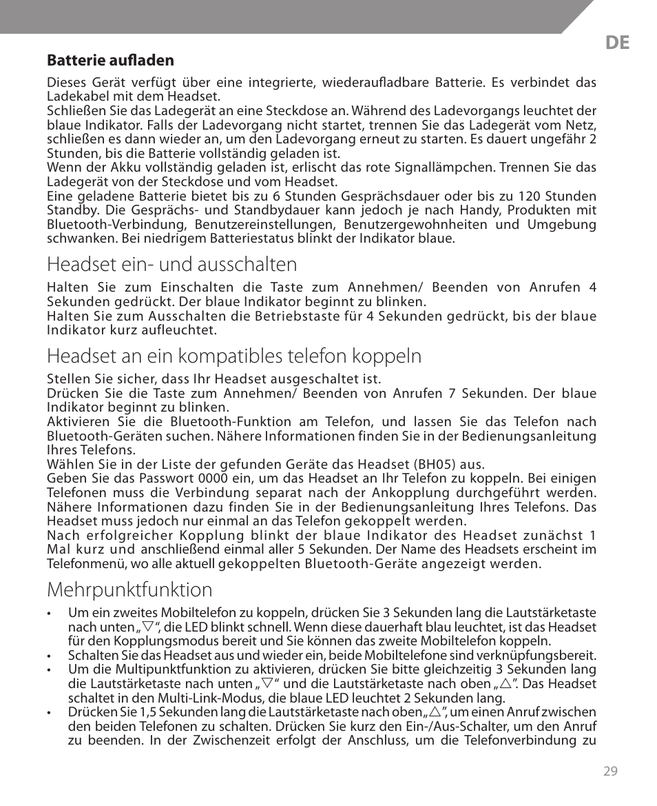 Headset ein- und ausschalten, Headset an ein kompatibles telefon koppeln, Mehrpunktfunktion | Acme BH05 User Manual | Page 29 / 40