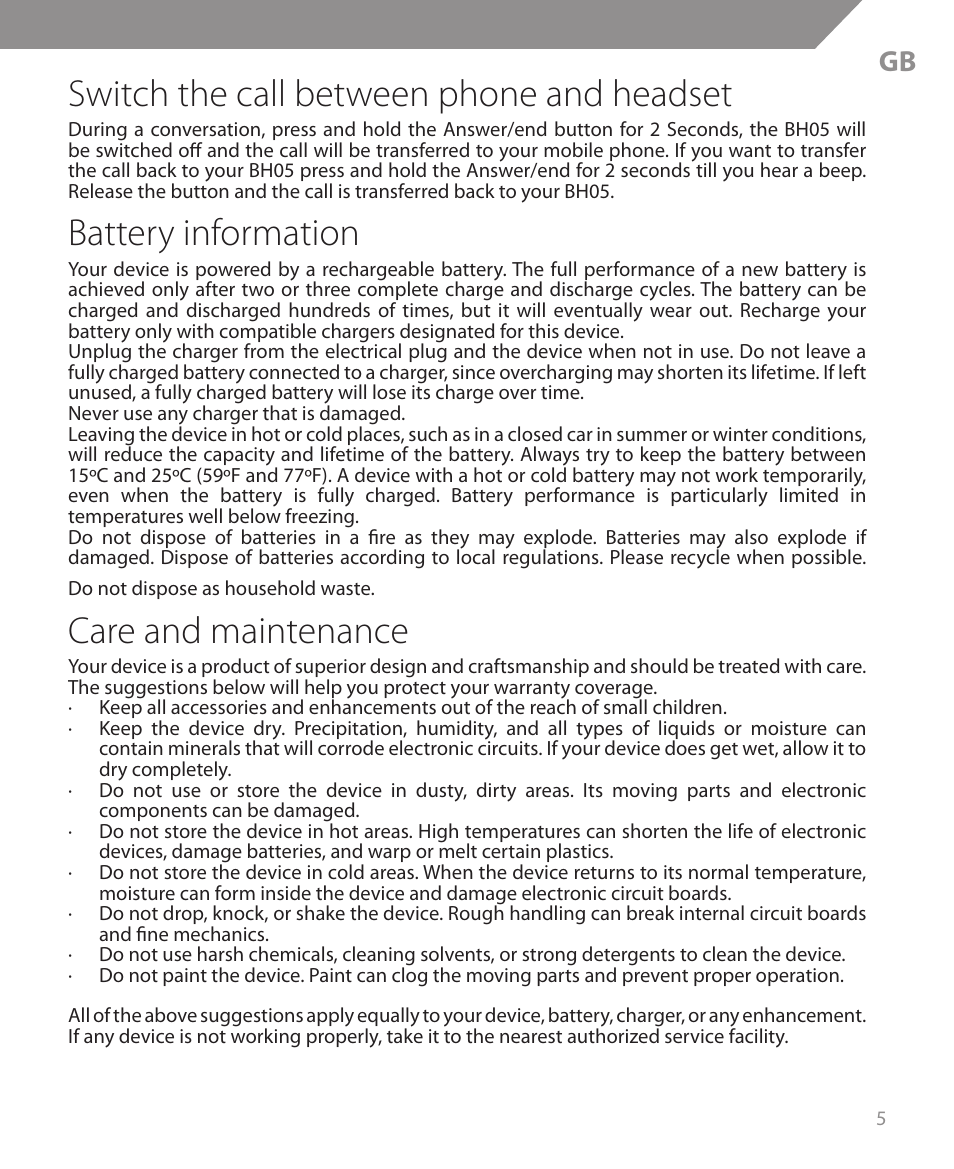 Switch the call between phone and headset, Battery information, Care and maintenance | Acme BH05 User Manual | Page 5 / 40
