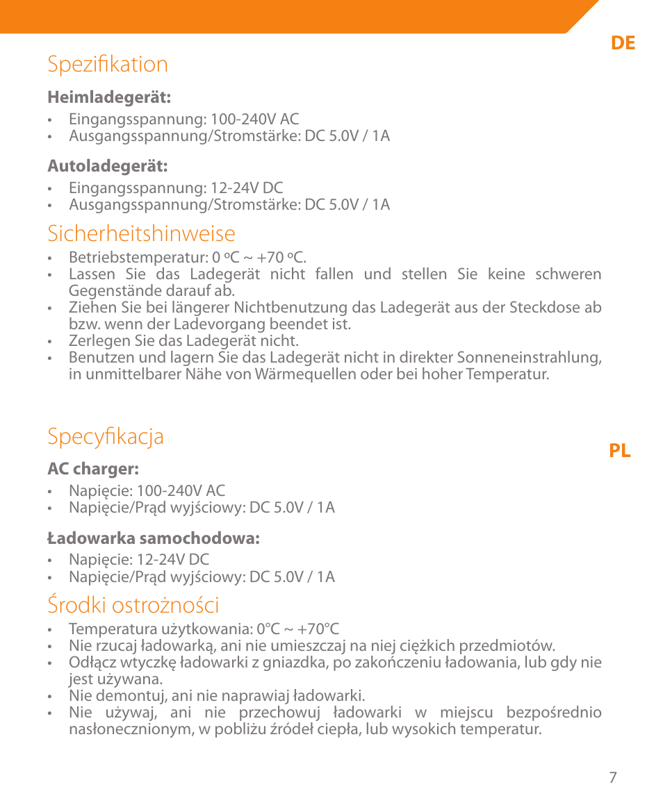 Spezifikation, Sicherheitshinweise, Specyfikacja | Środki ostrożności | Acme CH05 User Manual | Page 7 / 8