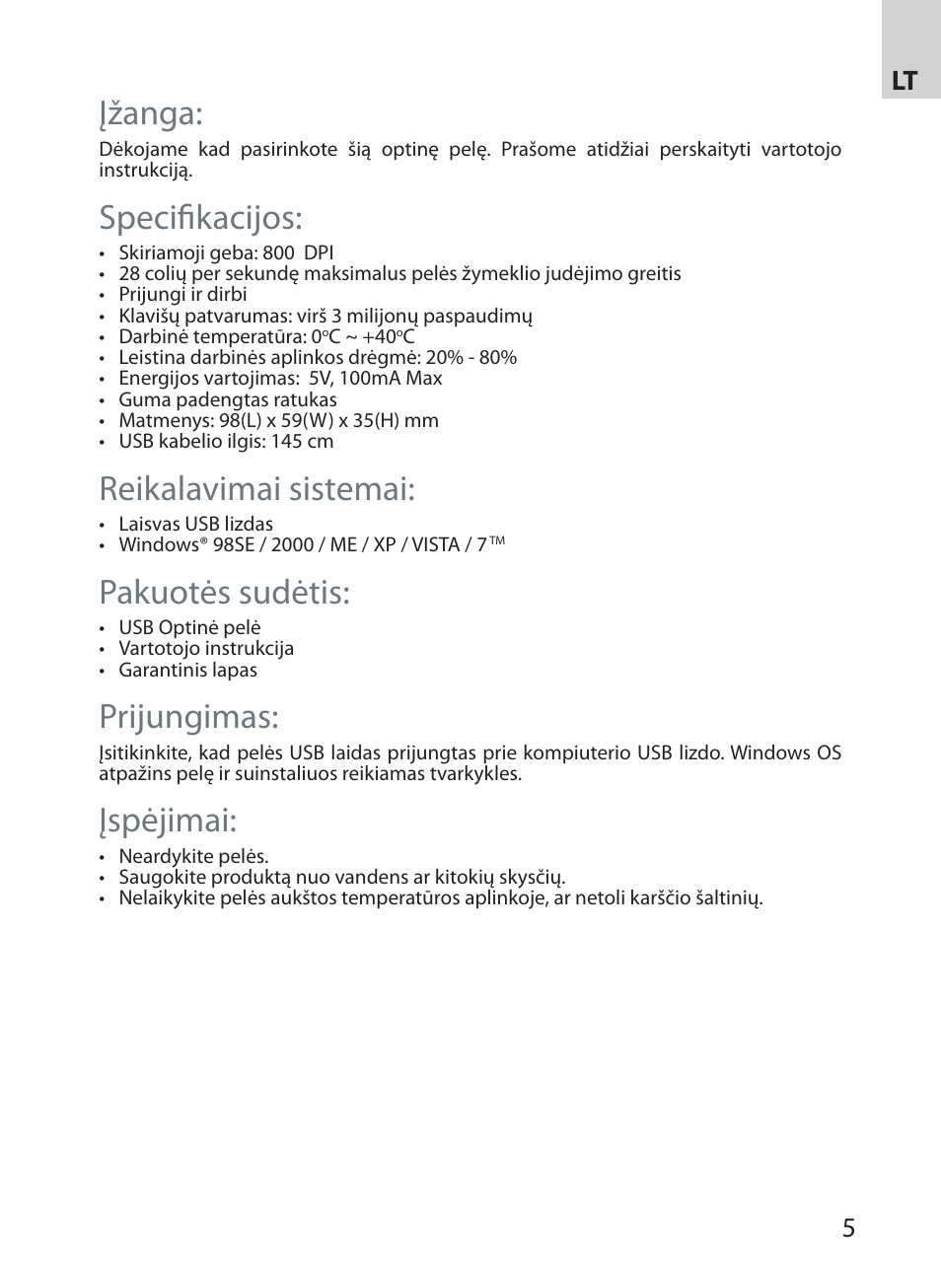 Įžanga, Specifikacijos, Reikalavimai sistemai | Pakuotės sudėtis, Prijungimas, Įspėjimai, 45 lt | Acme MS07 User Manual | Page 5 / 18