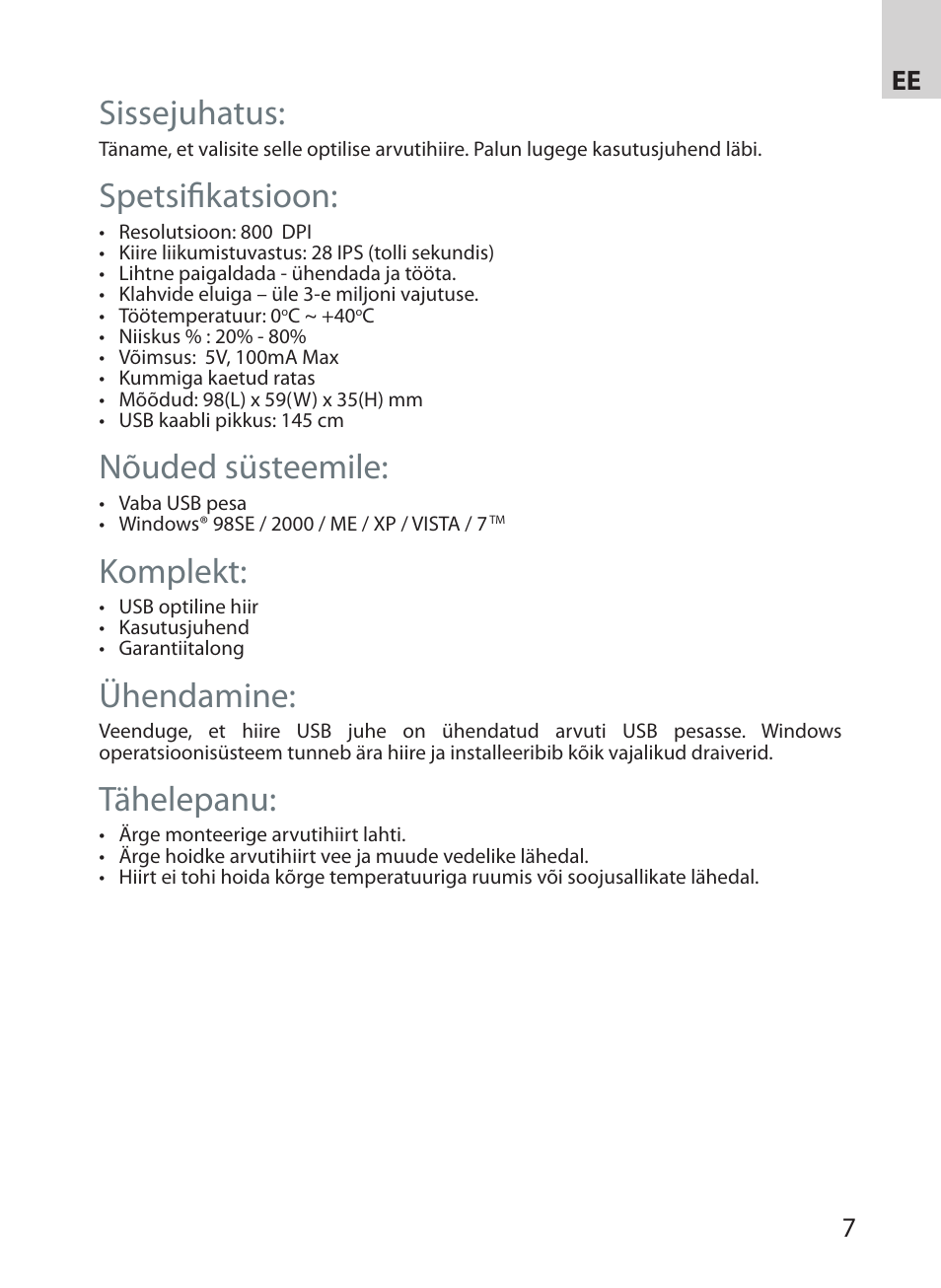 Sissejuhatus, Spetsifikatsioon, Nõuded süsteemile | Komplekt, Ühendamine, Tähelepanu, 67 ee | Acme MS07 User Manual | Page 7 / 18