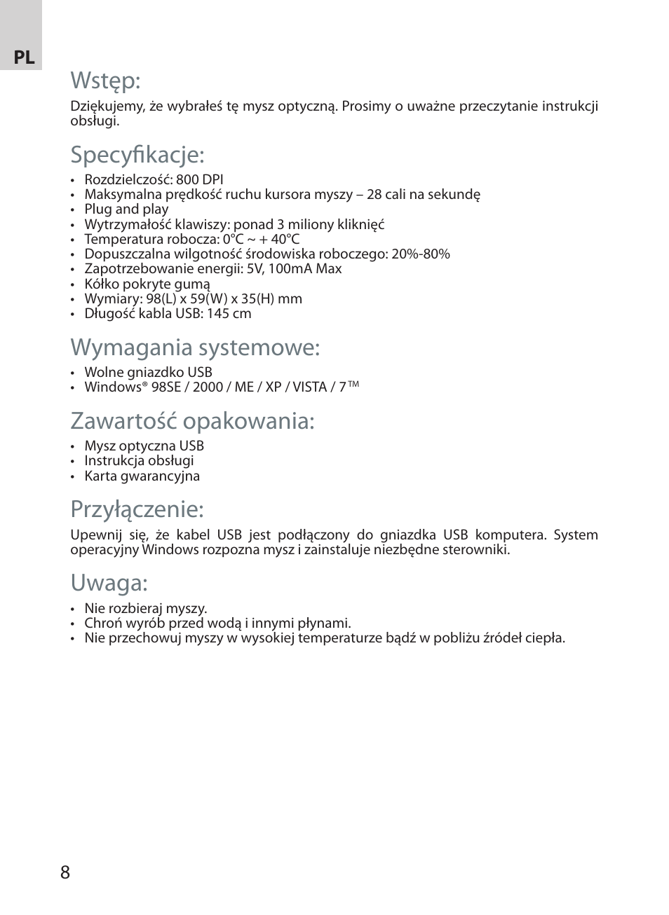 Wstęp, Specyfikacje, Wymagania systemowe | Zawartość opakowania, Przyłączenie, Uwaga | Acme MS07 User Manual | Page 8 / 18