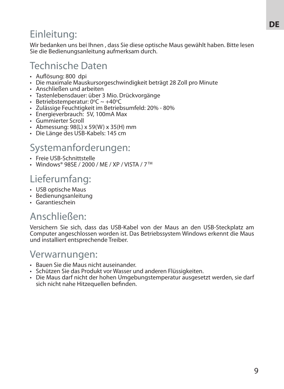 Einleitung, Technische daten, Systemanforderungen | Lieferumfang, Anschließen, Verwarnungen, 89 de | Acme MS07 User Manual | Page 9 / 18