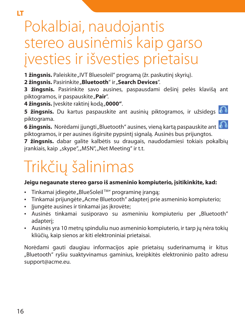 Trikčių šalinimas | Acme BTDG-30-BLK User Manual | Page 16 / 114