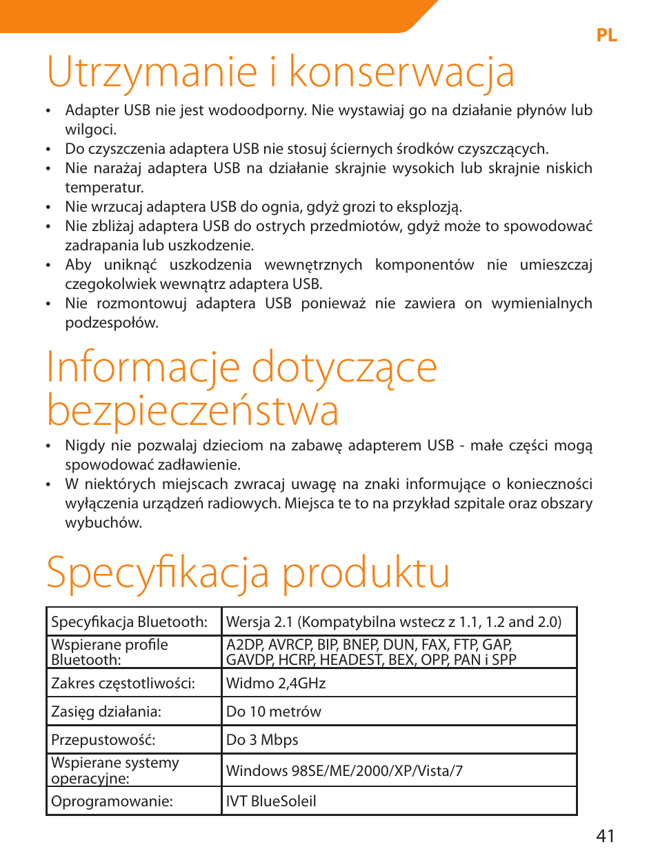 Utrzymanie i konserwacja, Informacje dotyczące bezpieczeństwa, Specyfikacja produktu | Acme BTDG-30-BLK User Manual | Page 41 / 114