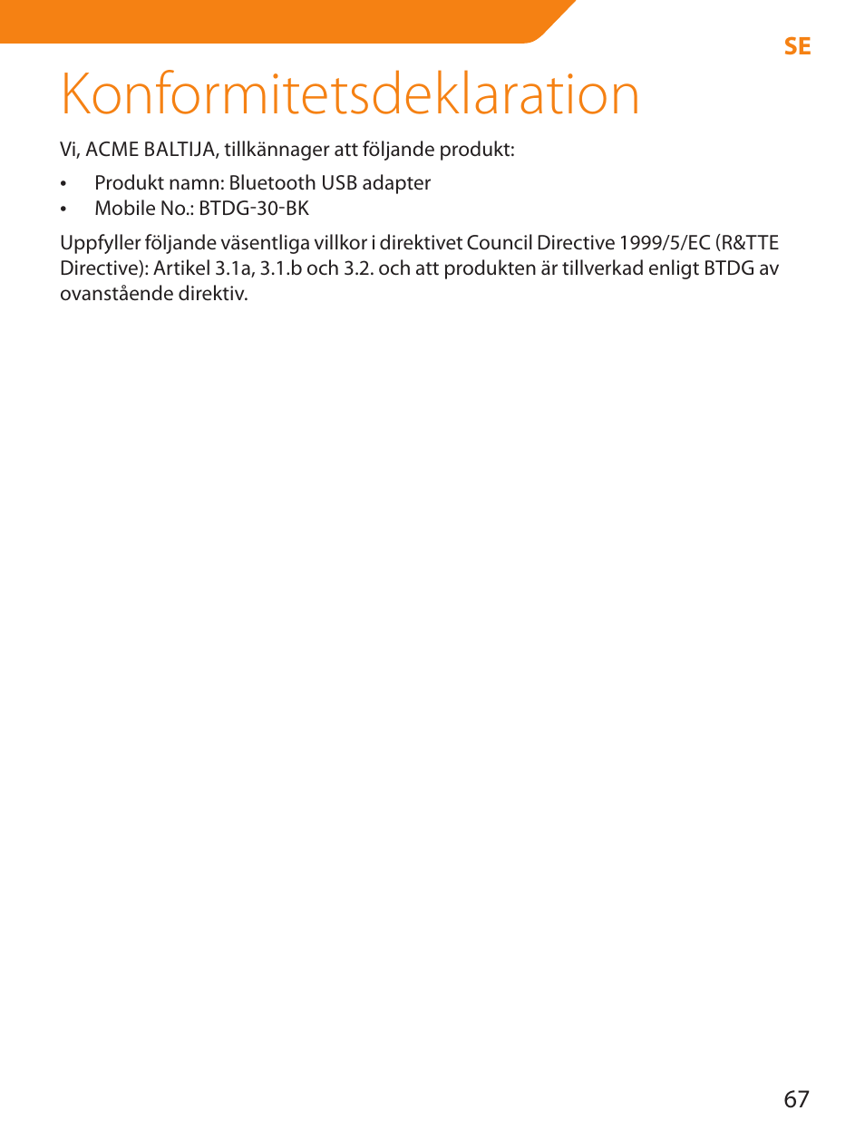 Konformitetsdeklaration | Acme BTDG-30-BLK User Manual | Page 67 / 114