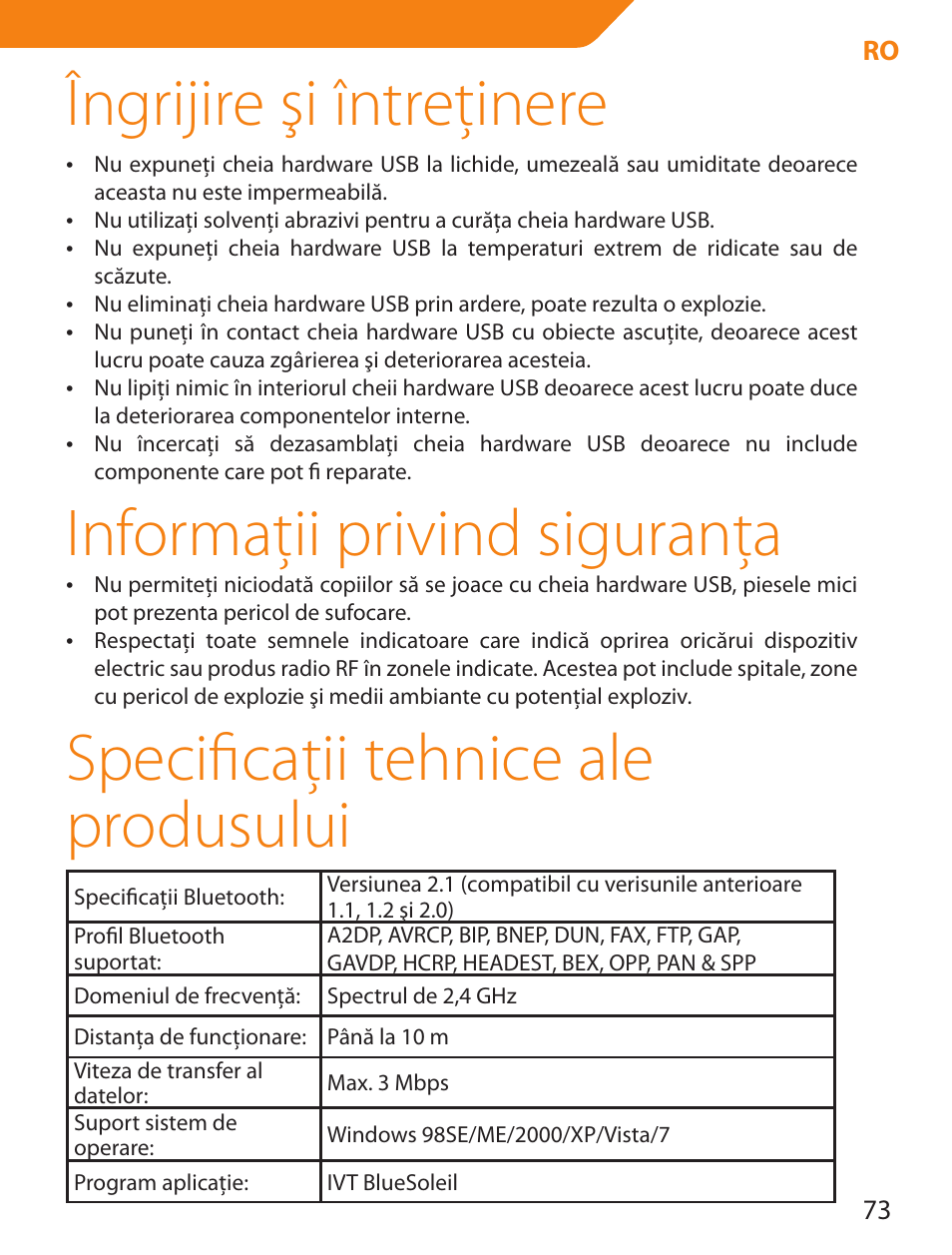 Îngrijire şi întreţinere, Informaţii privind siguranţa, Specificaţii tehnice ale produsului | Acme BTDG-30-BLK User Manual | Page 73 / 114