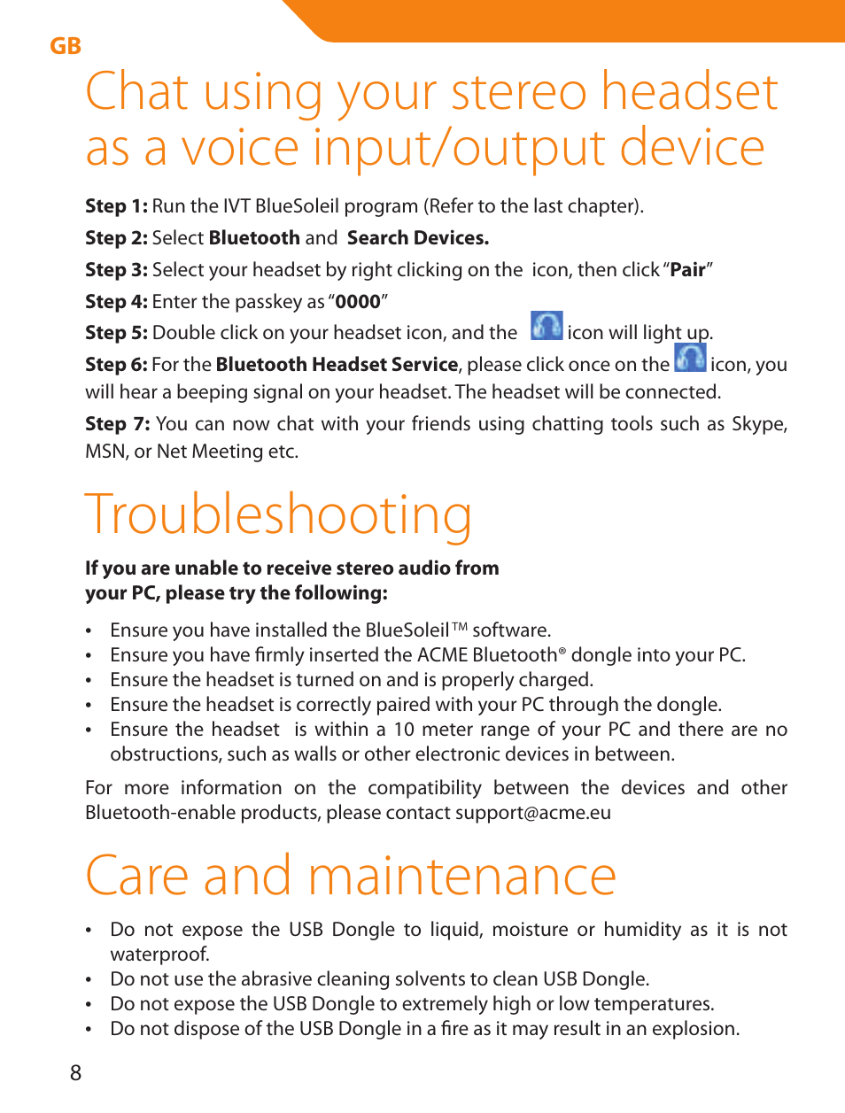 Troubleshooting, Care and maintenance | Acme BTDG-30-BLK User Manual | Page 8 / 114