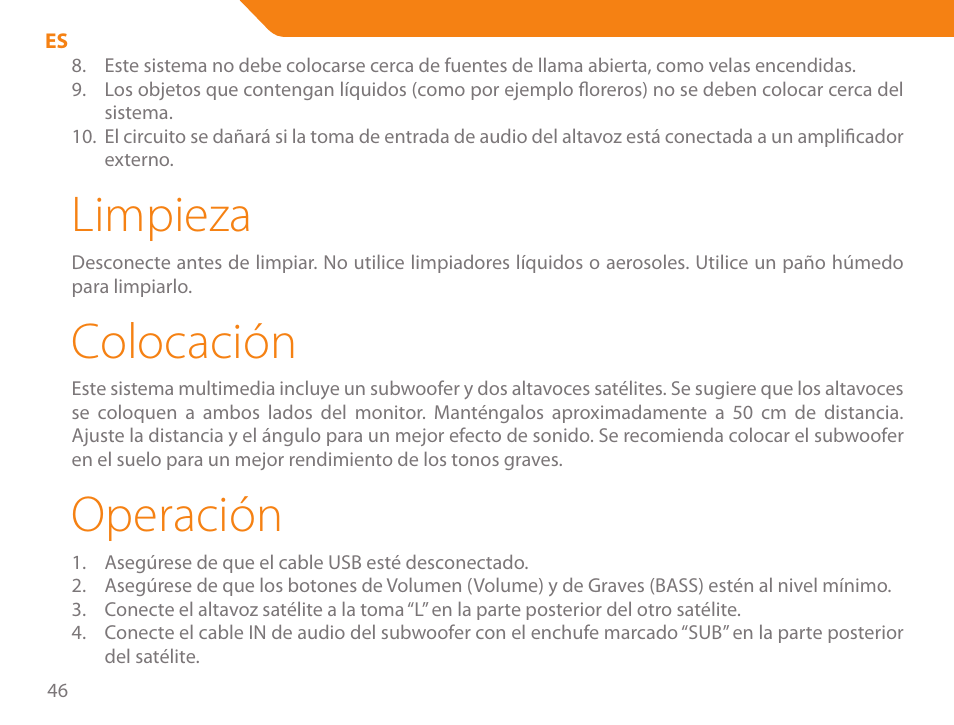 Limpieza, Colocación, Operación | Acme SS206 User Manual | Page 46 / 70