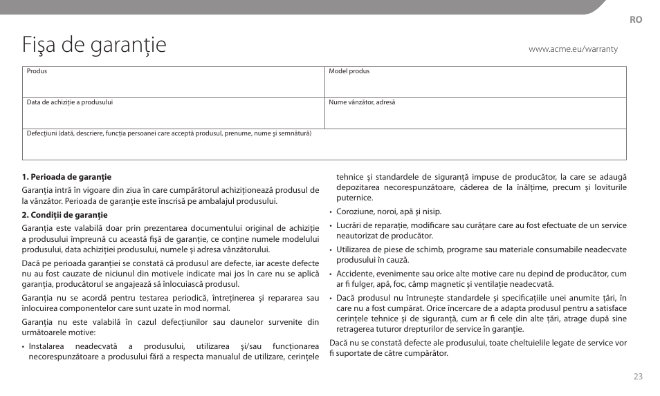 Fişa de garanţie | Acme MT104S User Manual | Page 23 / 30
