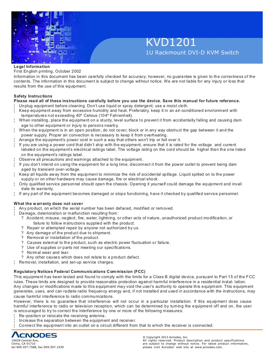 Kvd120 1, 1u rackmount d vi-d kvm switch | Acnodes KVD 1201 User Manual | Page 2 / 10