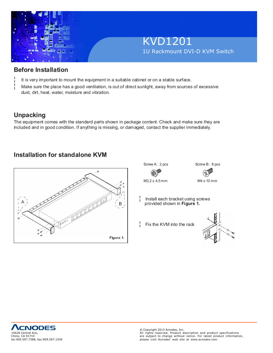 Kvd120 1, Before installation, Unpacking | Installation for standalone kvm | Acnodes KVD 1201 User Manual | Page 4 / 10