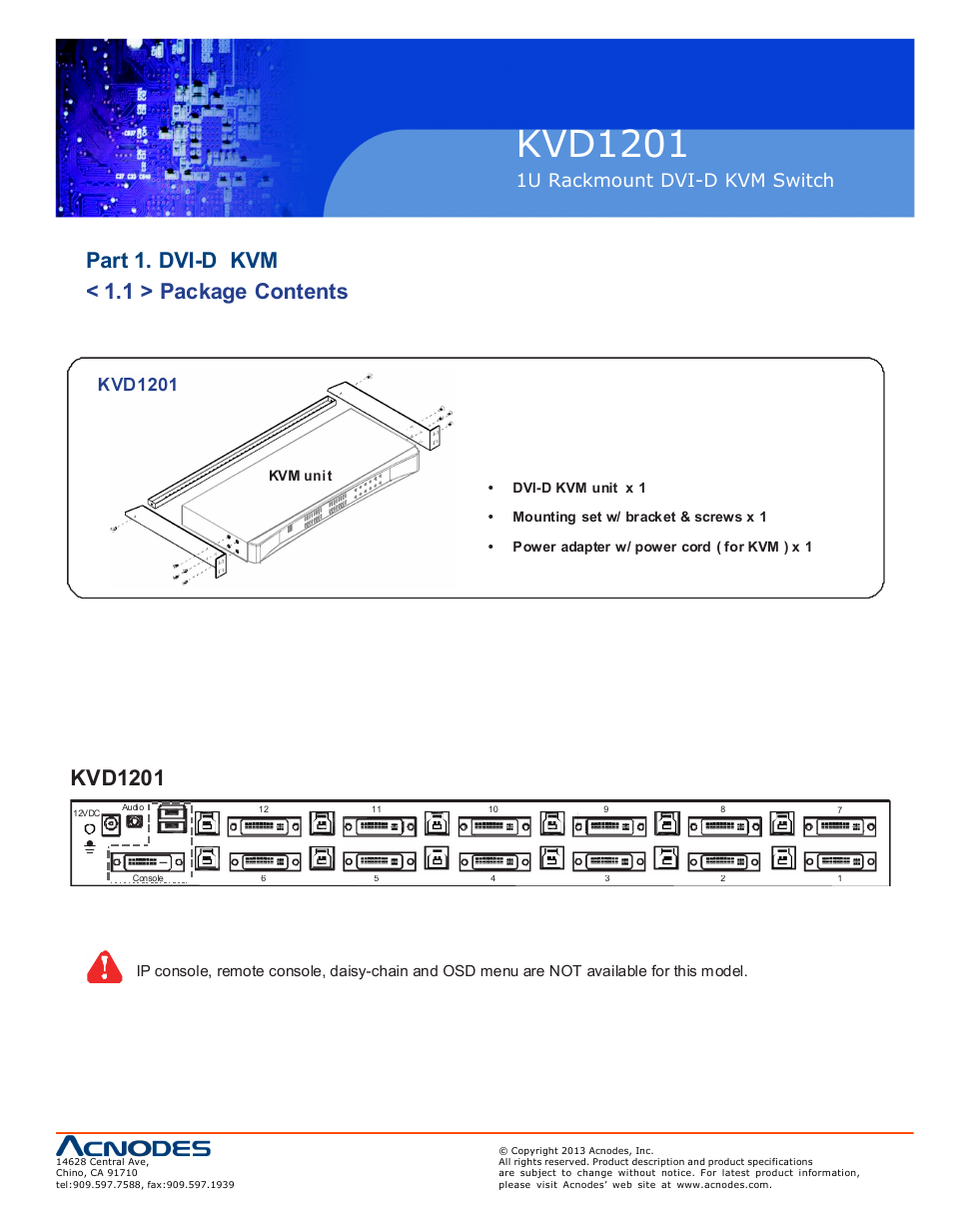 Kvd120 1, Part 1. dvi-d kvm < 1.1 > package contents, 1u rackmount d vi-d kvm switch | Kvd1201 | Acnodes KVD 1201 User Manual | Page 5 / 10