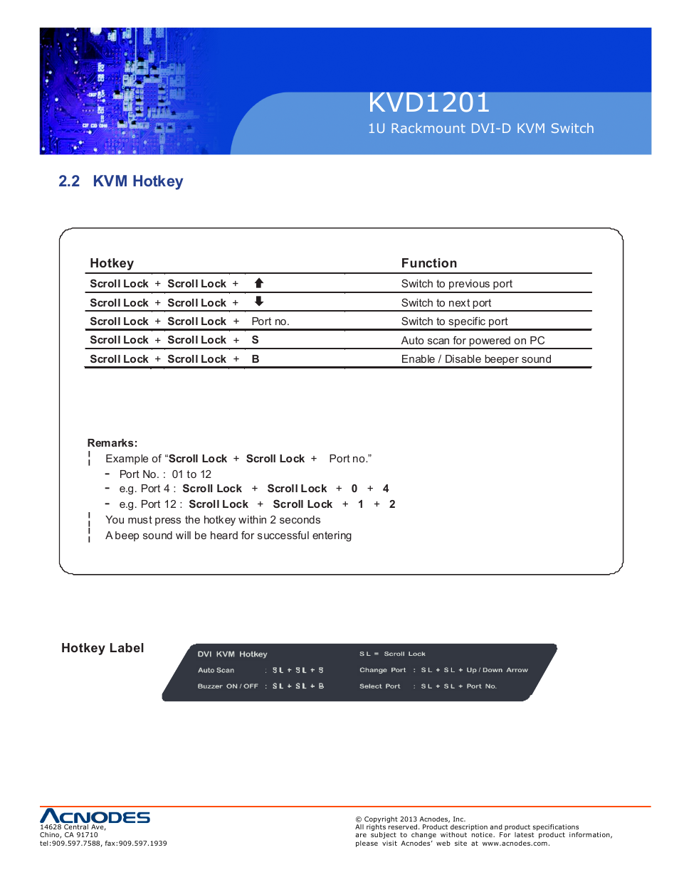 Kvd120 1, 2 kvm hotkey | Acnodes KVD 1201 User Manual | Page 9 / 10