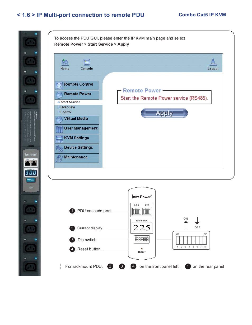 6 > ip multi-port connection to remote pdu, Combo cat6 ip kvm, Pdu cascade port | Dip switch, Reset button, 2current display | Acnodes KC P802 User Manual | Page 11 / 17