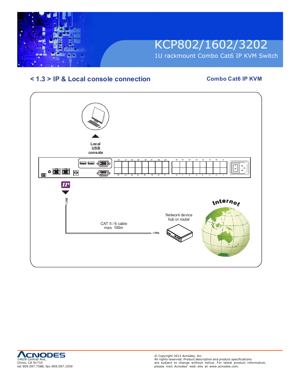 3 > ip & local console connection, 1u rackmount combo cat6 ip kvm switch, Combo cat6 ip kvm | Local usb console | Acnodes KC P802 User Manual | Page 7 / 17