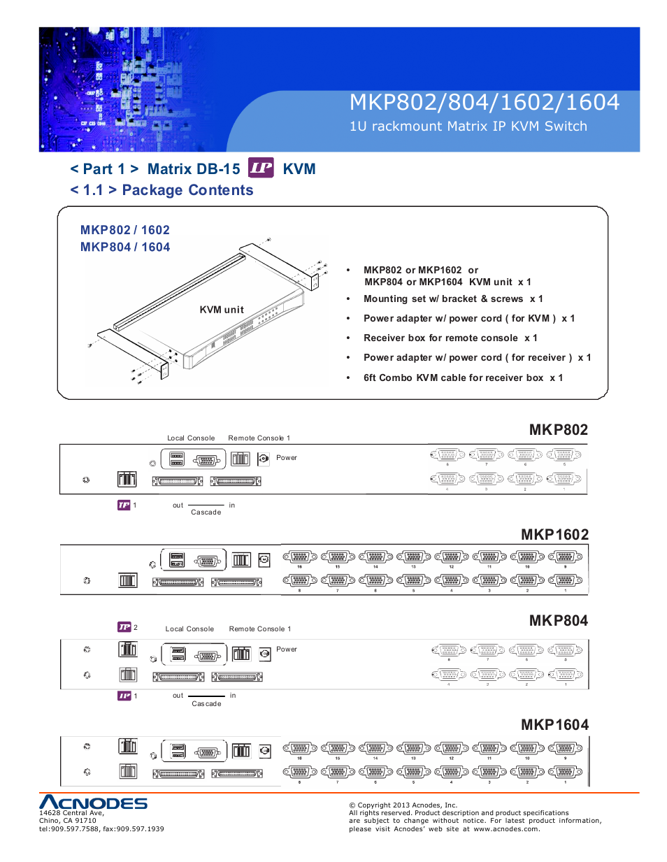 Mkp802, Mkp1602, Mkp804 | Mkp1604, 1u rackmount matrix ip kvm switch | Acnodes MKP 804 User Manual | Page 5 / 15