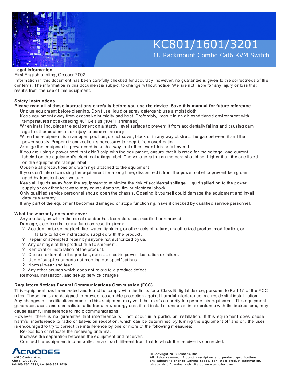 1u rackmount c ombo cat6 kvm switch | Acnodes KC 801 User Manual | Page 2 / 13