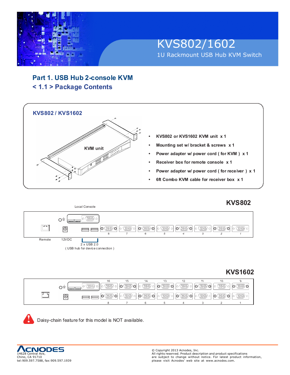 Kvs802, Kvs1602, 1u rackmount usb hub kvm switch | Acnodes KVS 802 User Manual | Page 5 / 14