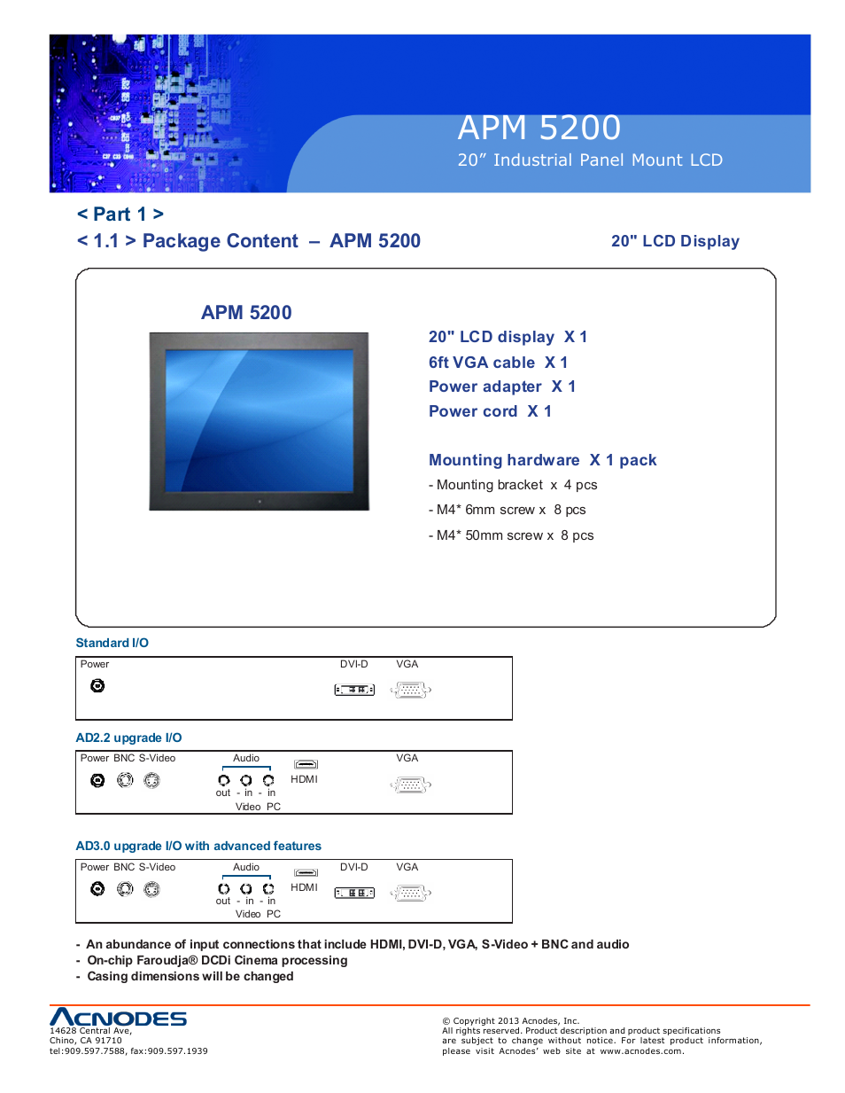 Apm 52 00, Apm 5200, 20” industrial pa nel mount lcd | 20" lcd display | Acnodes APM 5200 User Manual | Page 5 / 24