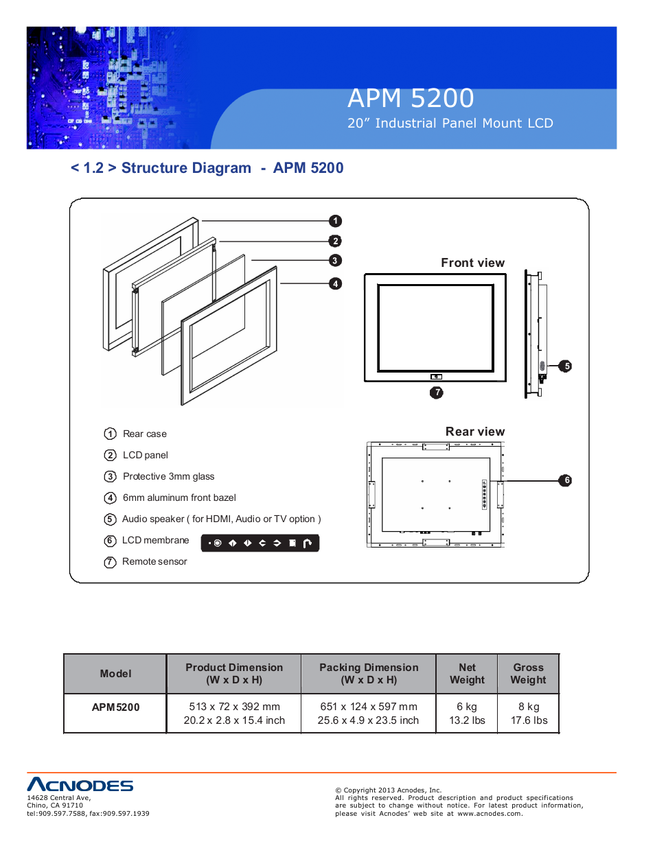 Apm 52 00, Ap-2 0 nap-2 0, 20” industrial pa nel mount lcd | Fr ont view, R ear view | Acnodes APM 5200 User Manual | Page 6 / 24