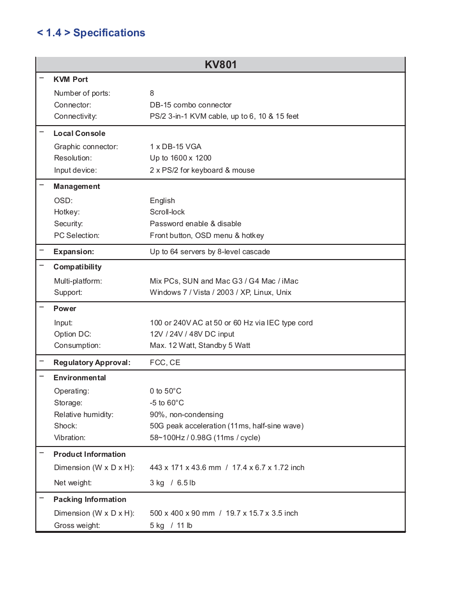 4 > specifications kv801 | Acnodes KV 801 User Manual | Page 7 / 12