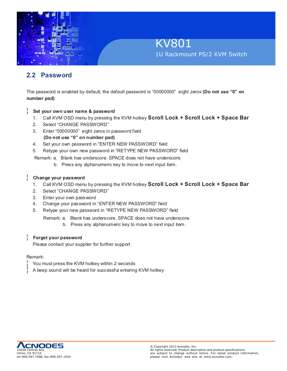 Kv801, 2 password | Acnodes KV 801 User Manual | Page 9 / 12