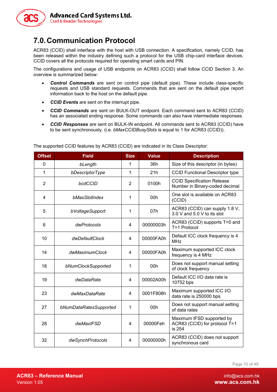 Communication protocol | ACS ACR83 PINeasy Smart Card Reader User Manual | Page 10 / 49