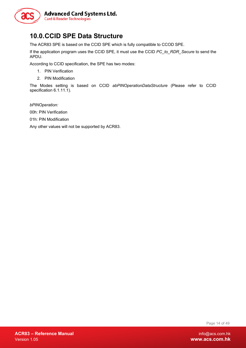 Ccid spe data structure | ACS ACR83 PINeasy Smart Card Reader User Manual | Page 14 / 49