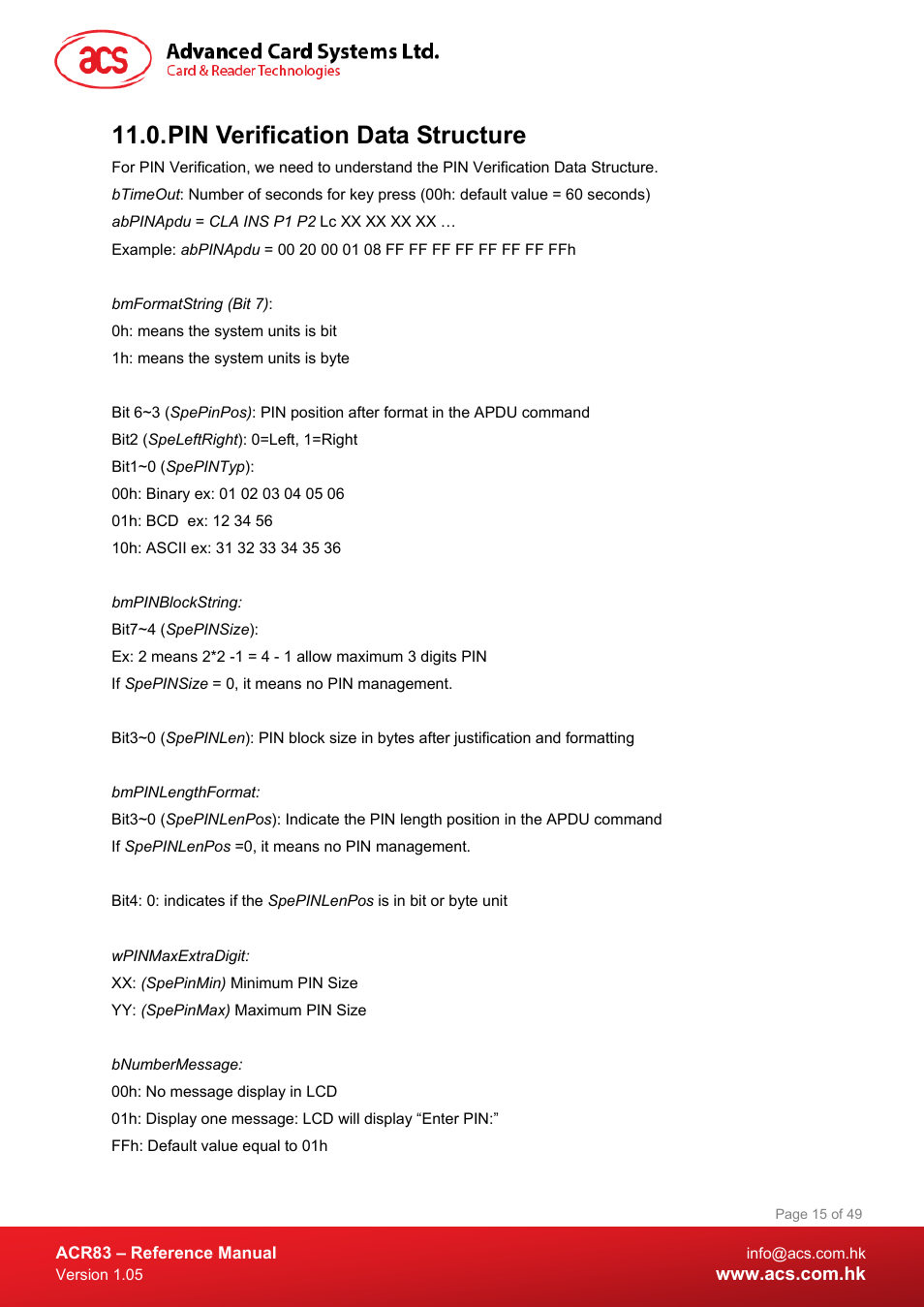 Pin verification data structure | ACS ACR83 PINeasy Smart Card Reader User Manual | Page 15 / 49