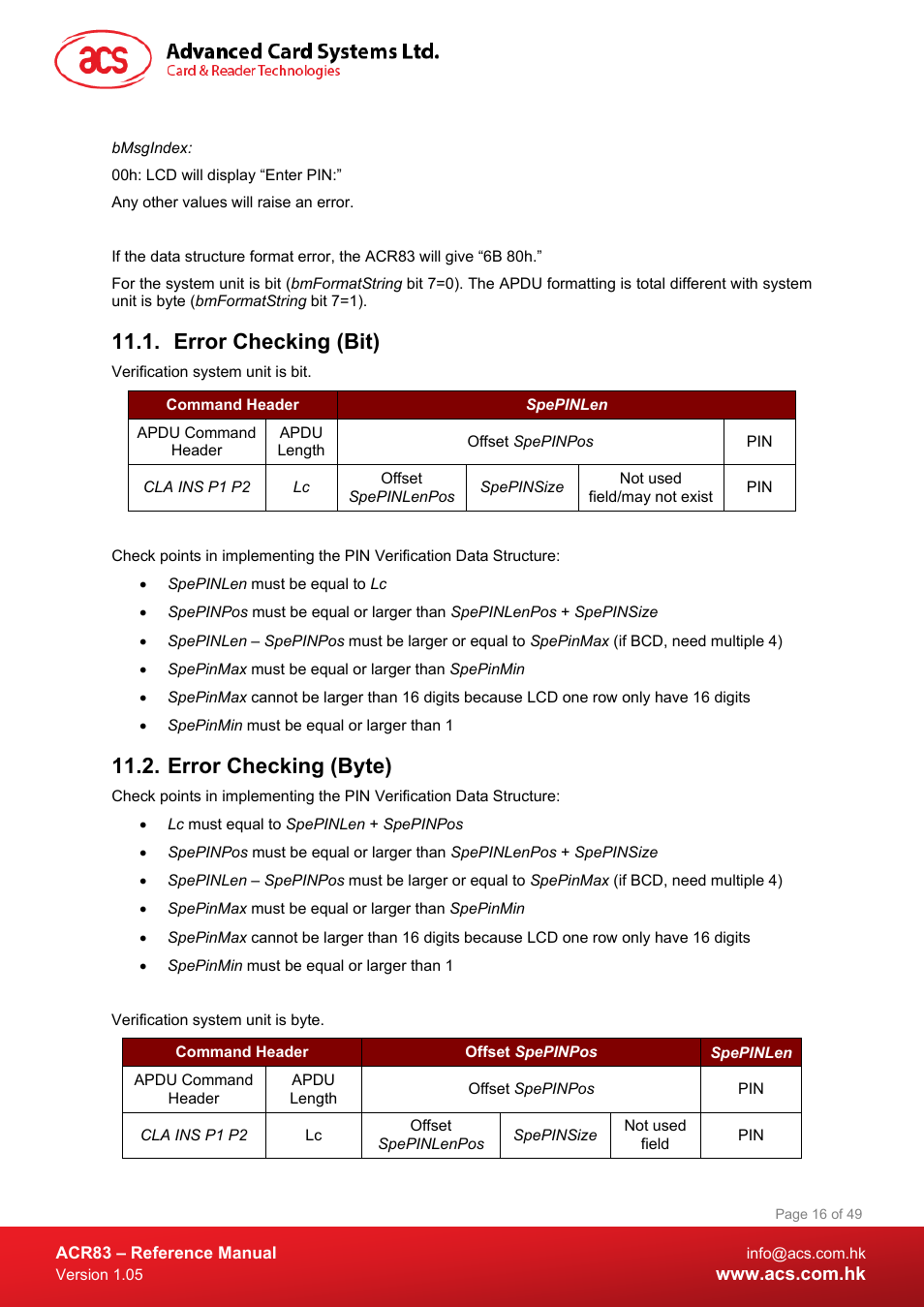 Error checking (bit), Error checking (byte) | ACS ACR83 PINeasy Smart Card Reader User Manual | Page 16 / 49