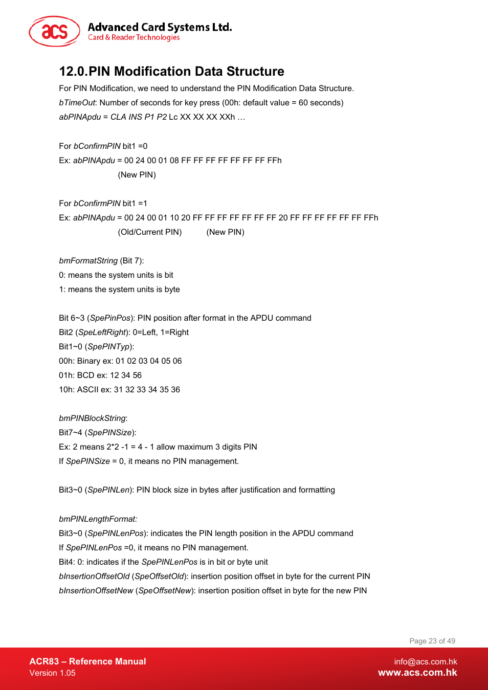 Pin modification data structure | ACS ACR83 PINeasy Smart Card Reader User Manual | Page 23 / 49