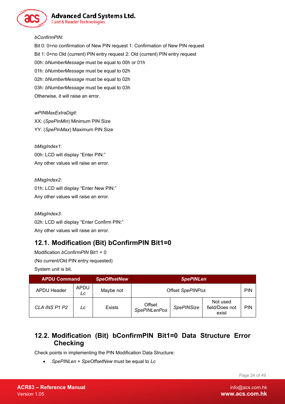 Modification (bit) bconfirmpin bit1=0 | ACS ACR83 PINeasy Smart Card Reader User Manual | Page 24 / 49